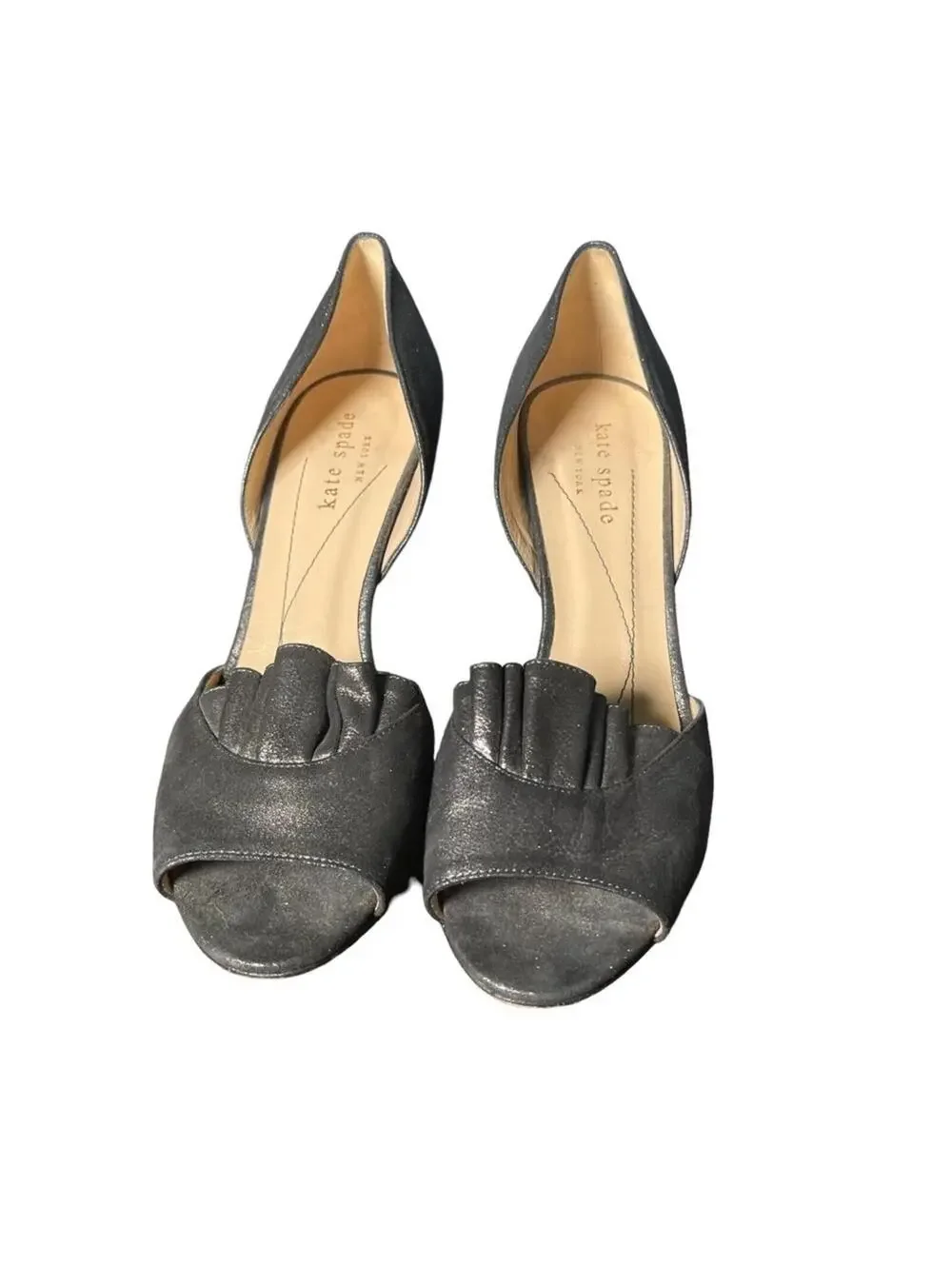 KATE SPADE NEW YORK Chrisette Pewter Liquid Suede Ruffle Peep Toe Pump Heel 6B